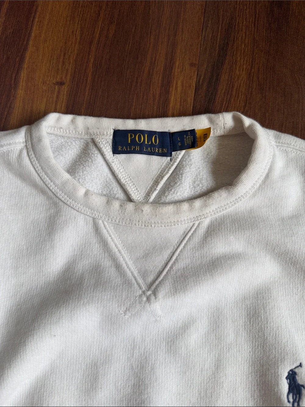 Polo Ralph Lauren Crewneck Sweatshirt White Navy Pony Mens L Stained